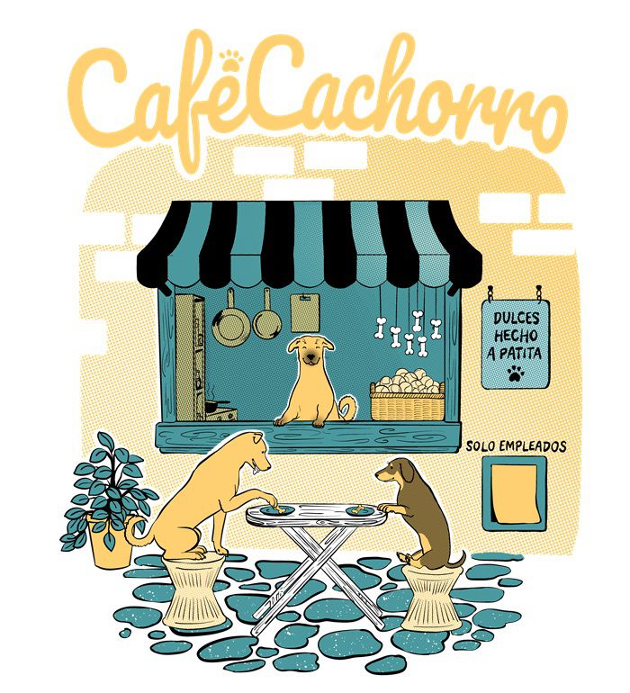 An illustration by tamangelinart of a dog-owned cafe with dog customers partaking of treats.